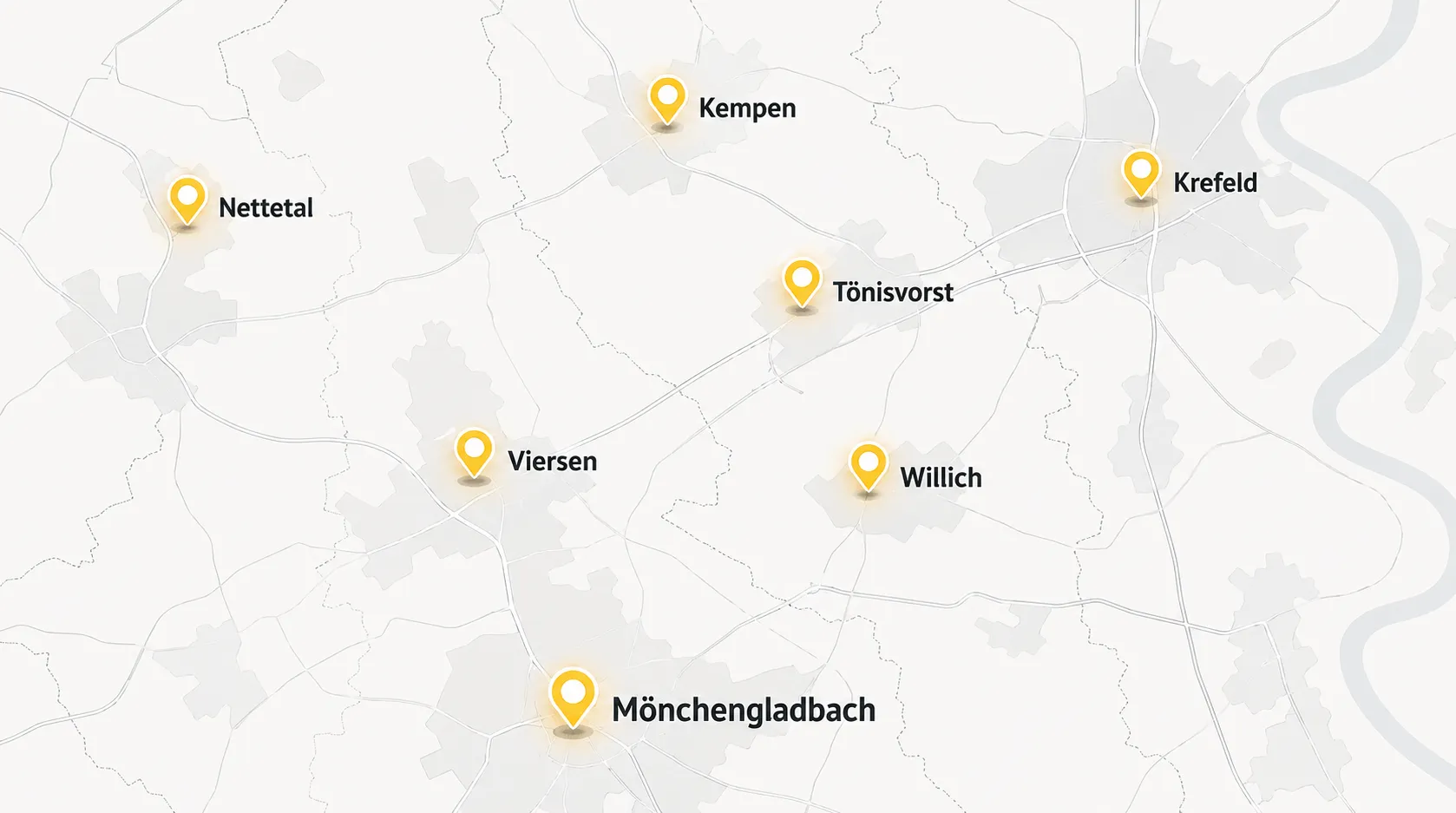 Minimalistische, hellgraue Grafikkarte mit goldenen Standort-Pins zur Darstellung des regionalen Einsatzgebietes rund um Viersen.